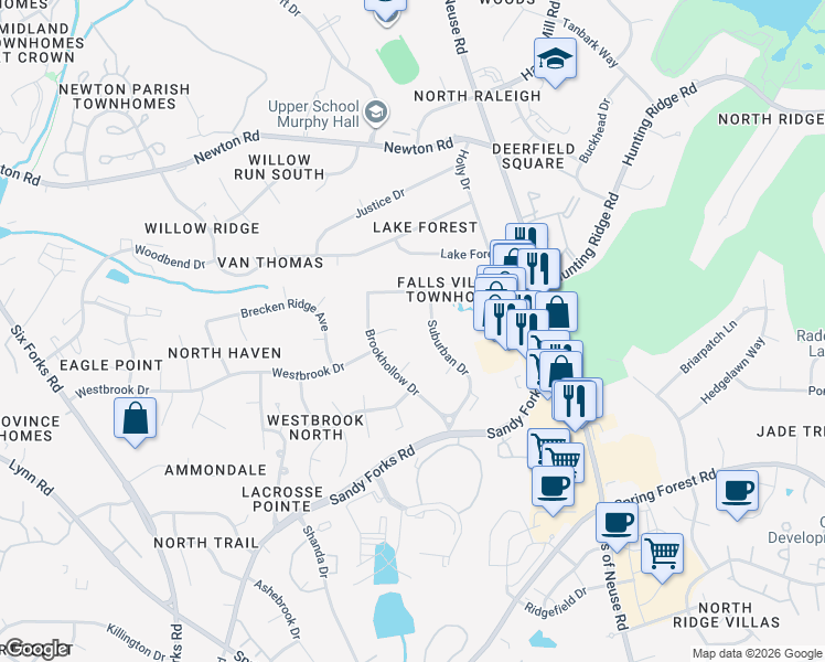 map of restaurants, bars, coffee shops, grocery stores, and more near 713 Radburn Place in Raleigh