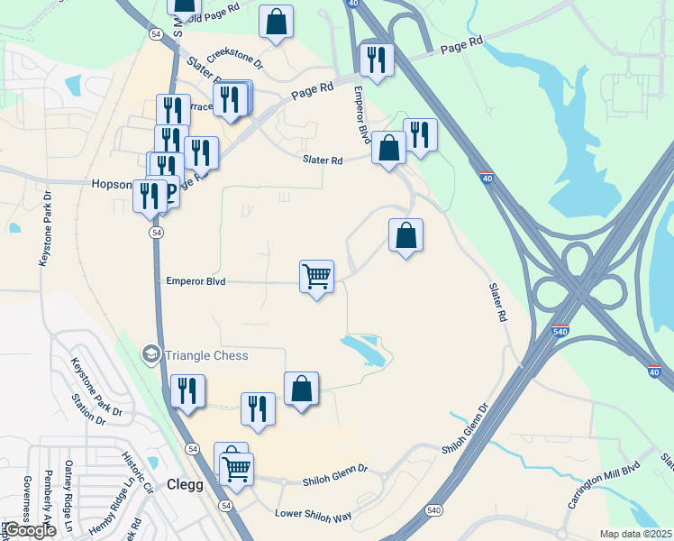 map of restaurants, bars, coffee shops, grocery stores, and more near 4307 Emperor Boulevard in Durham