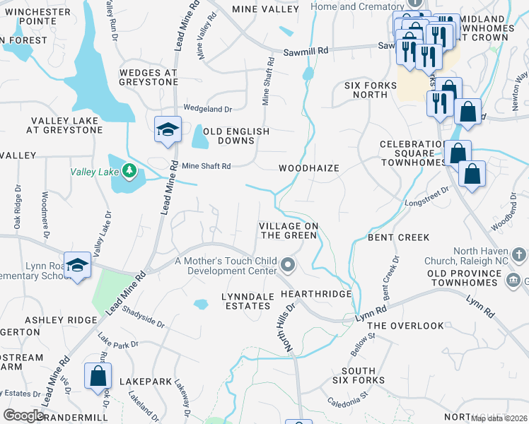 map of restaurants, bars, coffee shops, grocery stores, and more near 7308 Shellburne Drive in Raleigh