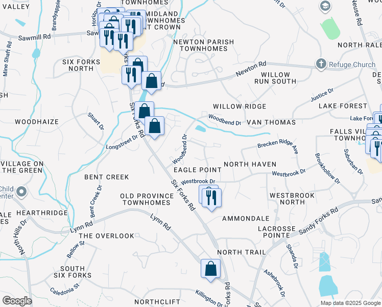 map of restaurants, bars, coffee shops, grocery stores, and more near 103 Bramble Court in Raleigh