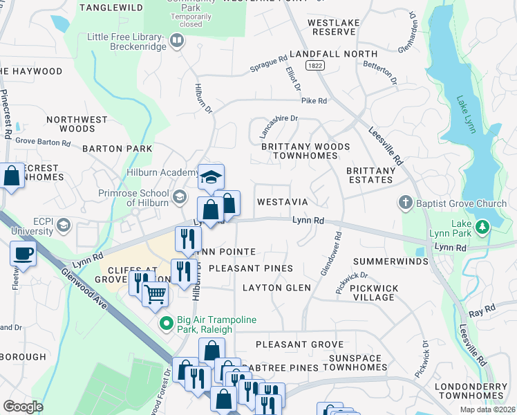 map of restaurants, bars, coffee shops, grocery stores, and more near 6906 Baywood Drive in Raleigh