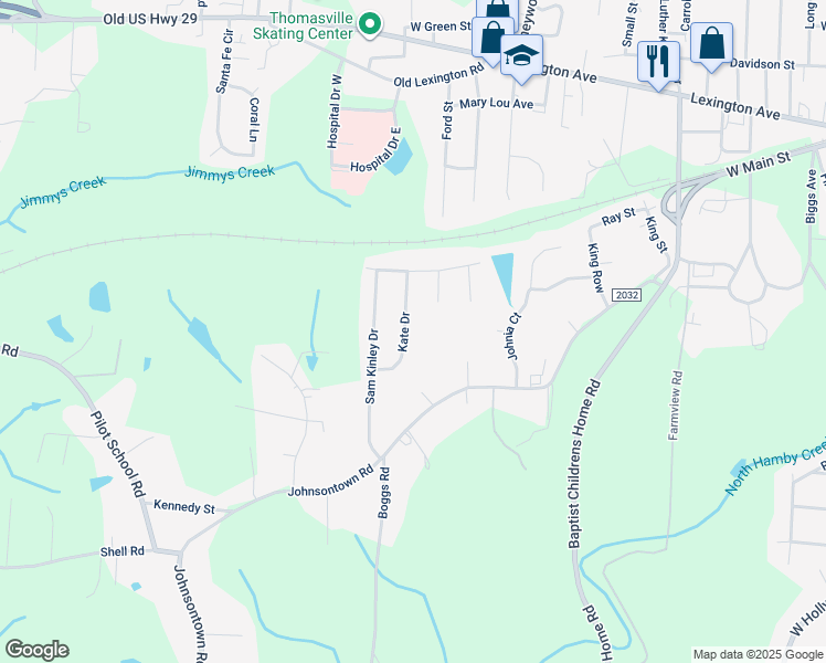 map of restaurants, bars, coffee shops, grocery stores, and more near 227 Kate Drive in Thomasville