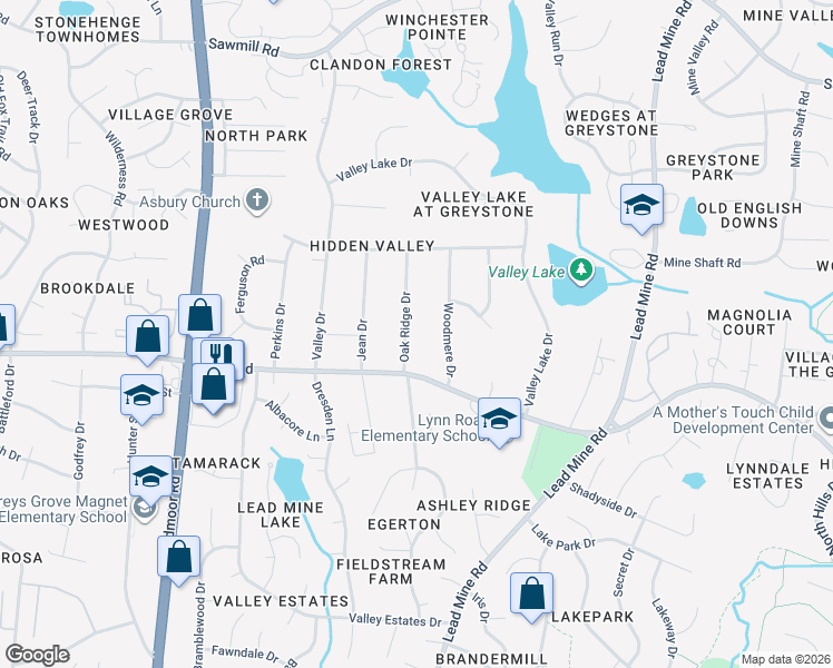 map of restaurants, bars, coffee shops, grocery stores, and more near 6800 Oak Ridge Drive in Raleigh