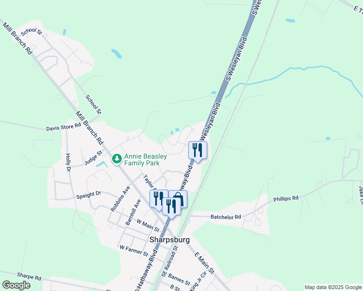 map of restaurants, bars, coffee shops, grocery stores, and more near Hilltop Drive in Rocky Mount