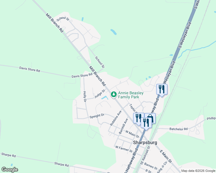 map of restaurants, bars, coffee shops, grocery stores, and more near 804 Mill Branch Road in Rocky Mount