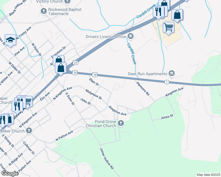 map of restaurants, bars, coffee shops, grocery stores, and more near 916 Bayless Street in Rockwood