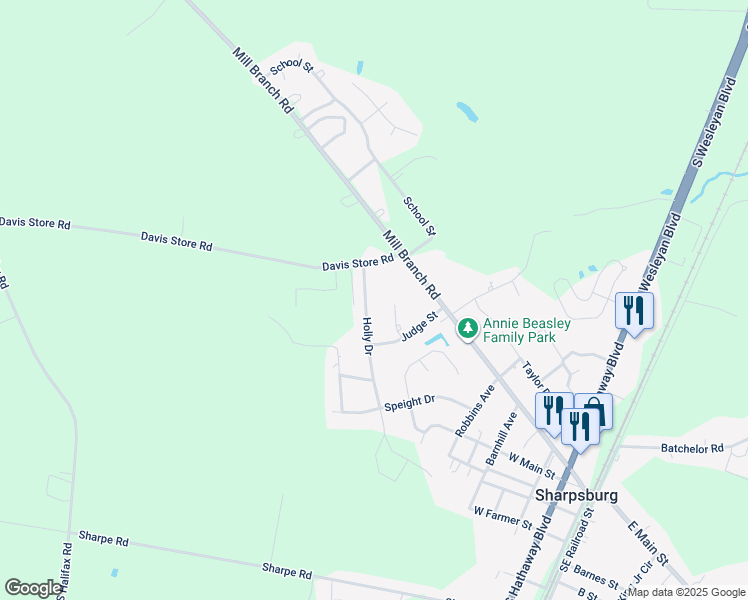 map of restaurants, bars, coffee shops, grocery stores, and more near 421 Holly Drive in Rocky Mount