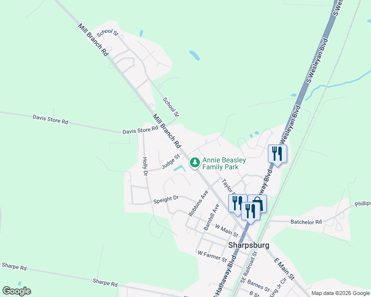 map of restaurants, bars, coffee shops, grocery stores, and more near 804 Mill Branch Road in Rocky Mount