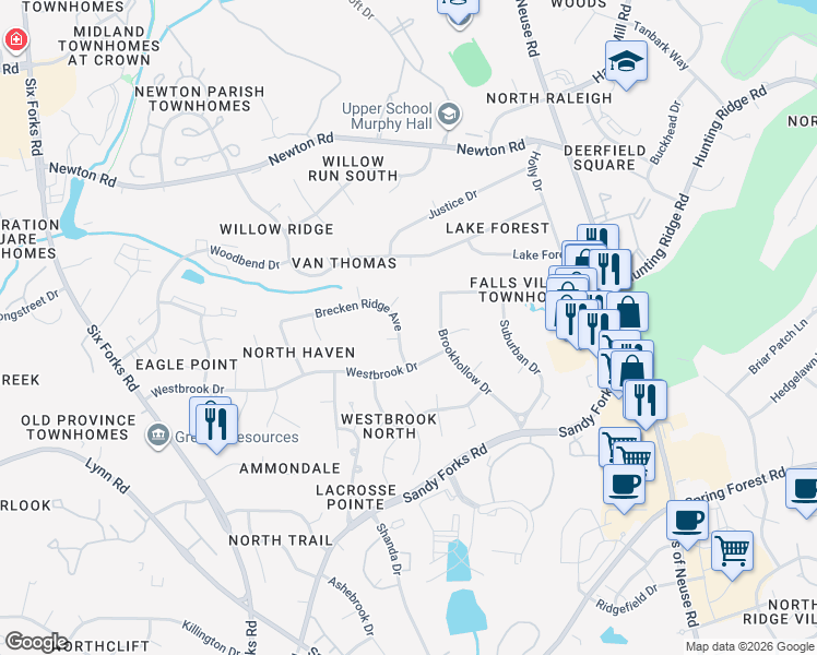 map of restaurants, bars, coffee shops, grocery stores, and more near 7105 Brecken Ridge Avenue in Raleigh