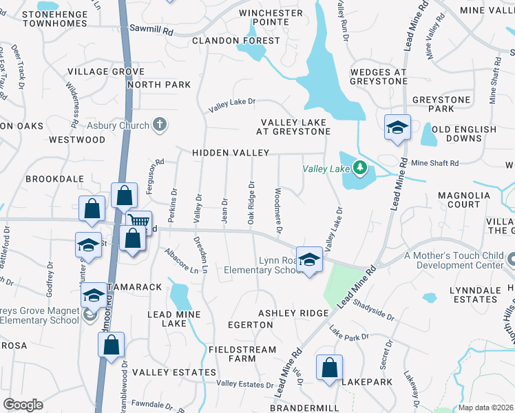 map of restaurants, bars, coffee shops, grocery stores, and more near 6800 Oak Ridge Drive in Raleigh