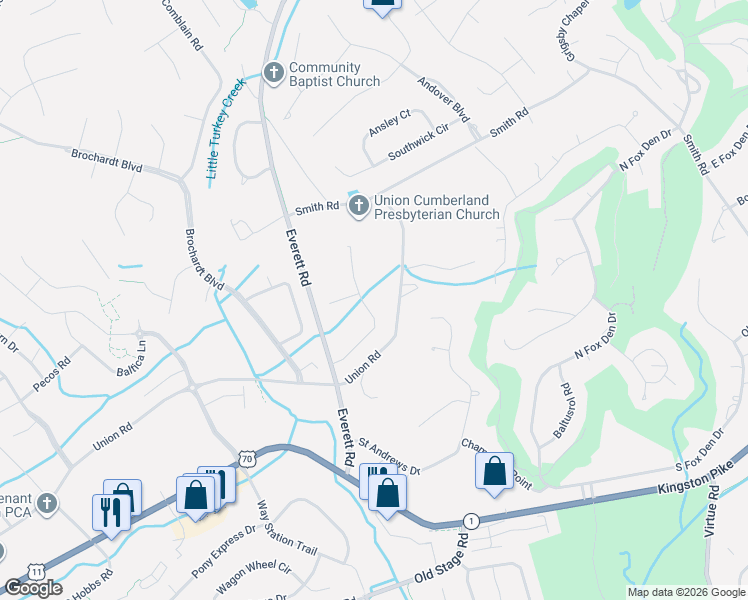map of restaurants, bars, coffee shops, grocery stores, and more near 12500 Wexton Lane in Knoxville