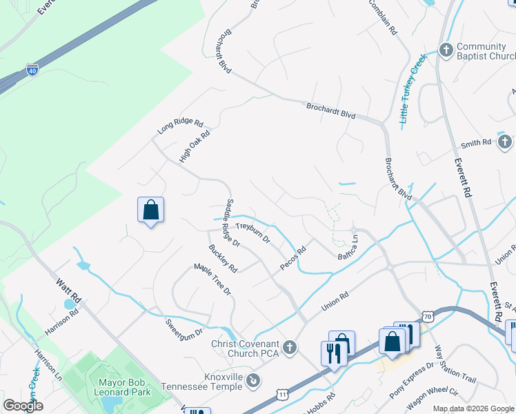 map of restaurants, bars, coffee shops, grocery stores, and more near 12801 Lodgepole Lane in Knoxville