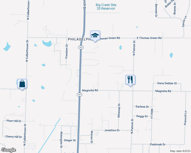 map of restaurants, bars, coffee shops, grocery stores, and more near 2309 Evelyn Lane in Jonesboro