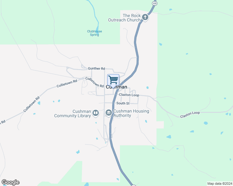 map of restaurants, bars, coffee shops, grocery stores, and more near in Cushman