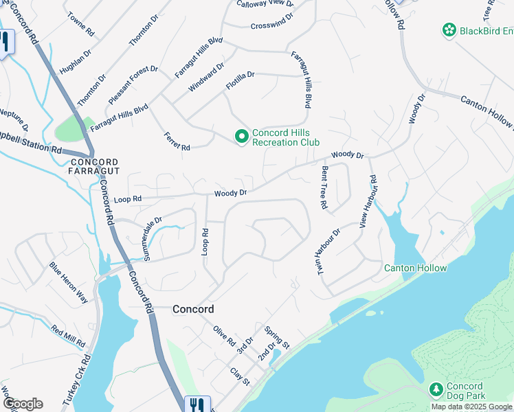 map of restaurants, bars, coffee shops, grocery stores, and more near 11108 Concord Woods Drive in Knoxville
