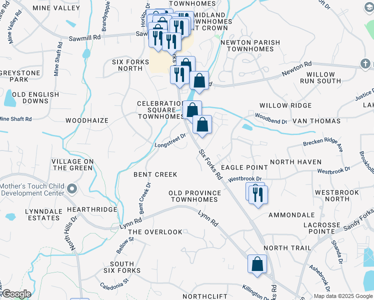 map of restaurants, bars, coffee shops, grocery stores, and more near 7017 Mine Creek Lane in Raleigh