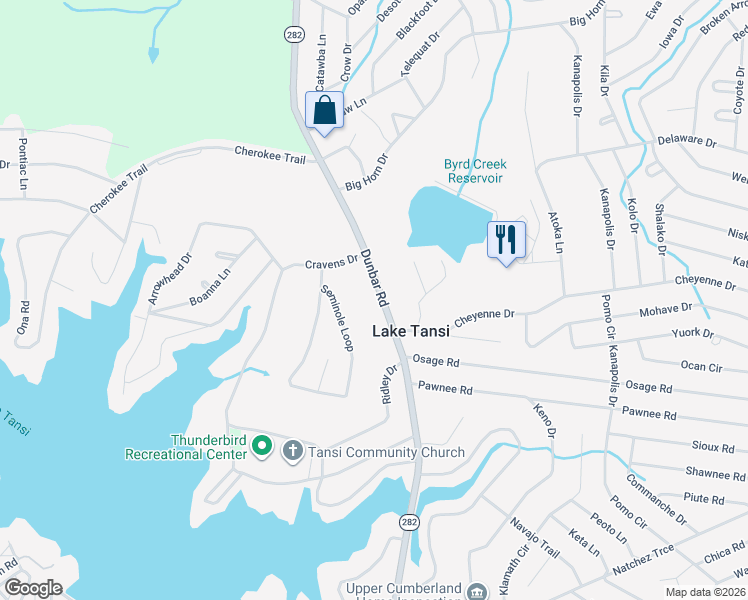 map of restaurants, bars, coffee shops, grocery stores, and more near 2580 Dunbar Road in Crossville