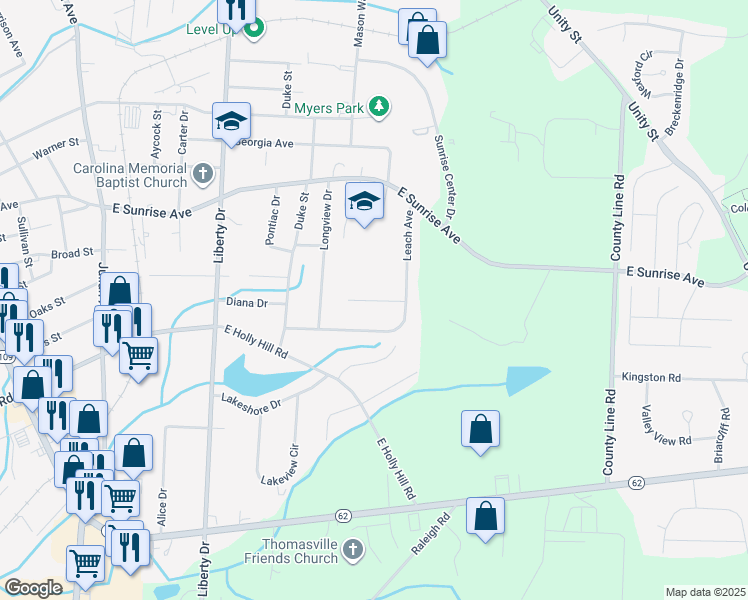 map of restaurants, bars, coffee shops, grocery stores, and more near 917 East Sunrise Avenue in Thomasville