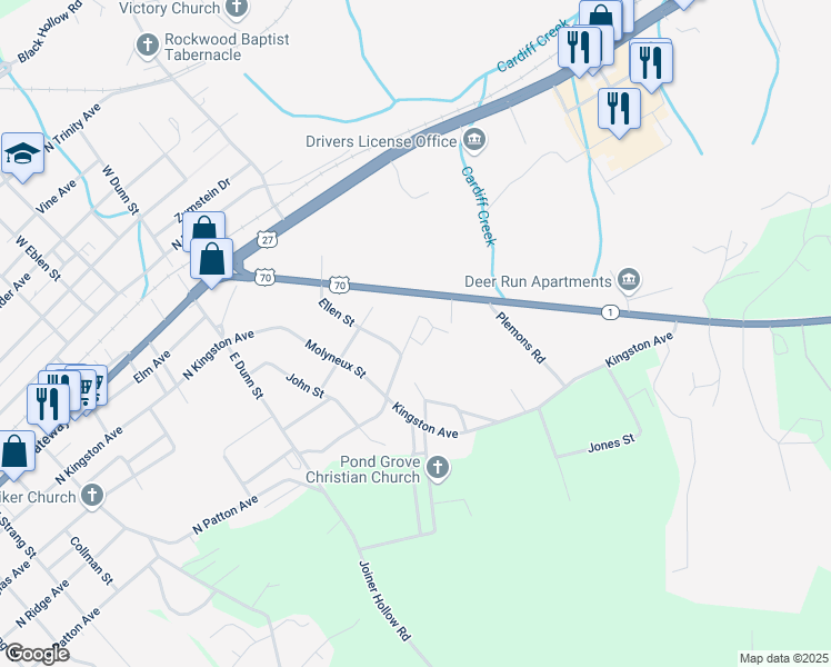 map of restaurants, bars, coffee shops, grocery stores, and more near 916 Bayless Street in Rockwood
