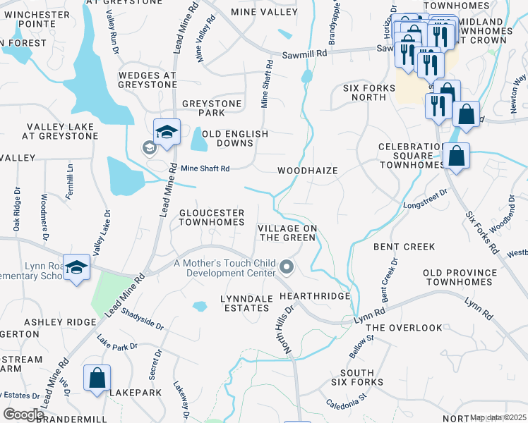 map of restaurants, bars, coffee shops, grocery stores, and more near 7320 Summerland Drive in Raleigh