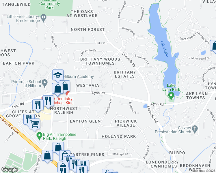 map of restaurants, bars, coffee shops, grocery stores, and more near 6813 Glendower Road in Raleigh