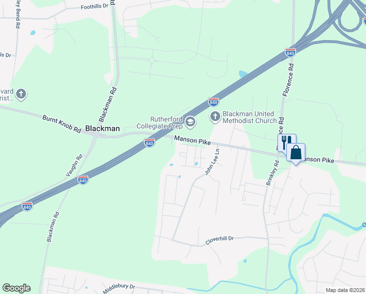 map of restaurants, bars, coffee shops, grocery stores, and more near 4431 Cross Keys Way in Murfreesboro