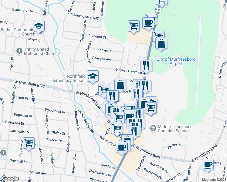 map of restaurants, bars, coffee shops, grocery stores, and more near 214 Heritage Park Drive in Murfreesboro