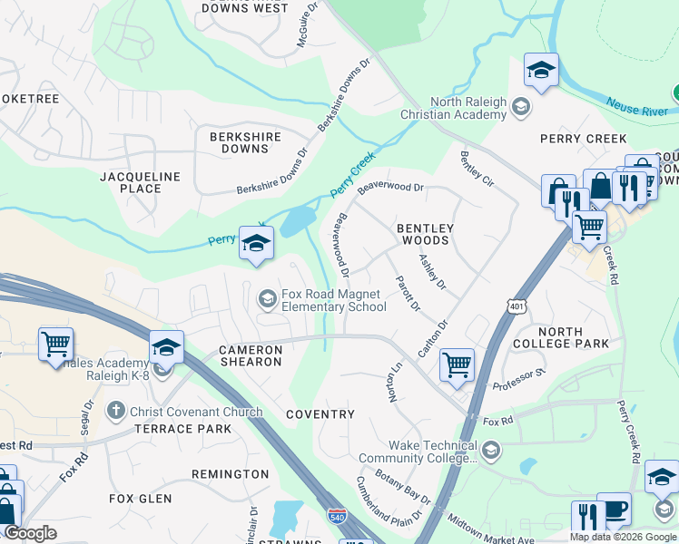 map of restaurants, bars, coffee shops, grocery stores, and more near 7005 Beaverwood Drive in Raleigh