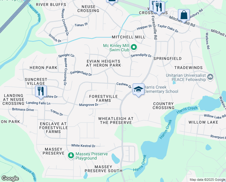 map of restaurants, bars, coffee shops, grocery stores, and more near 4225 Mangrove Drive in Raleigh