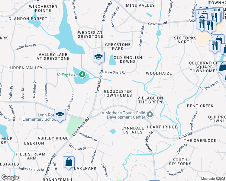 map of restaurants, bars, coffee shops, grocery stores, and more near 6940 Middleboro Drive in Raleigh