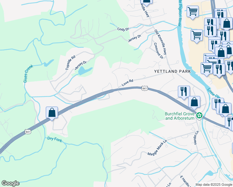 map of restaurants, bars, coffee shops, grocery stores, and more near 789 West Main Street in Sevierville