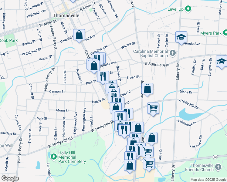 map of restaurants, bars, coffee shops, grocery stores, and more near 101 Estes Street in Thomasville