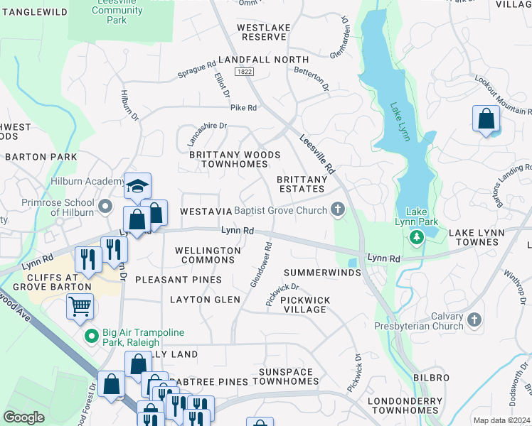 map of restaurants, bars, coffee shops, grocery stores, and more near 6813 Glendower Road in Raleigh