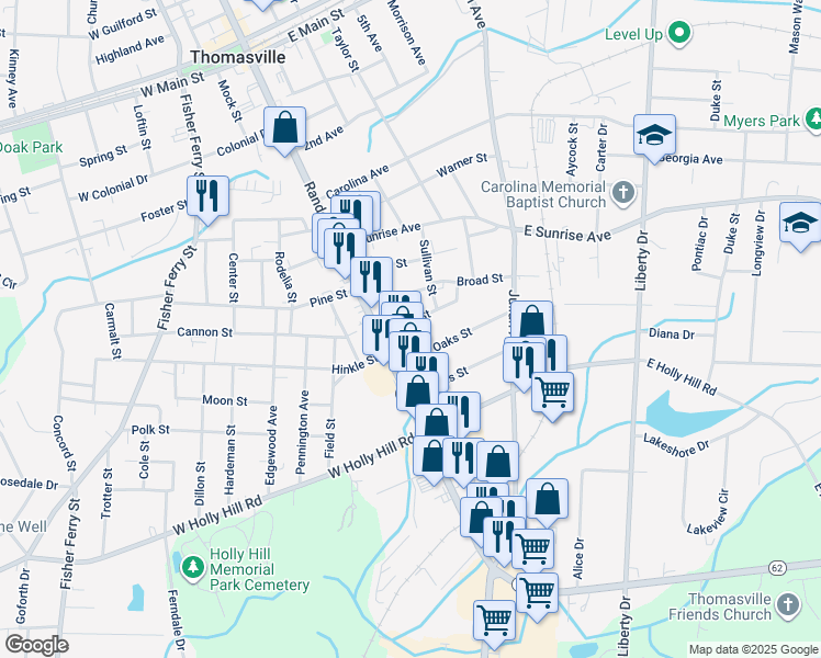 map of restaurants, bars, coffee shops, grocery stores, and more near 101 Estes Street in Thomasville