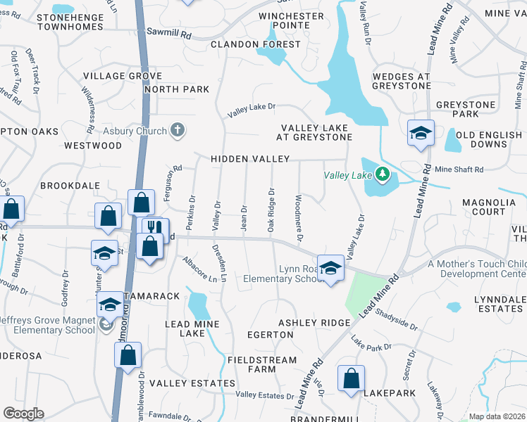map of restaurants, bars, coffee shops, grocery stores, and more near 6805 Oak Ridge Drive in Raleigh