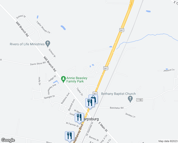 map of restaurants, bars, coffee shops, grocery stores, and more near 641 Hilltop Drive in Rocky Mount