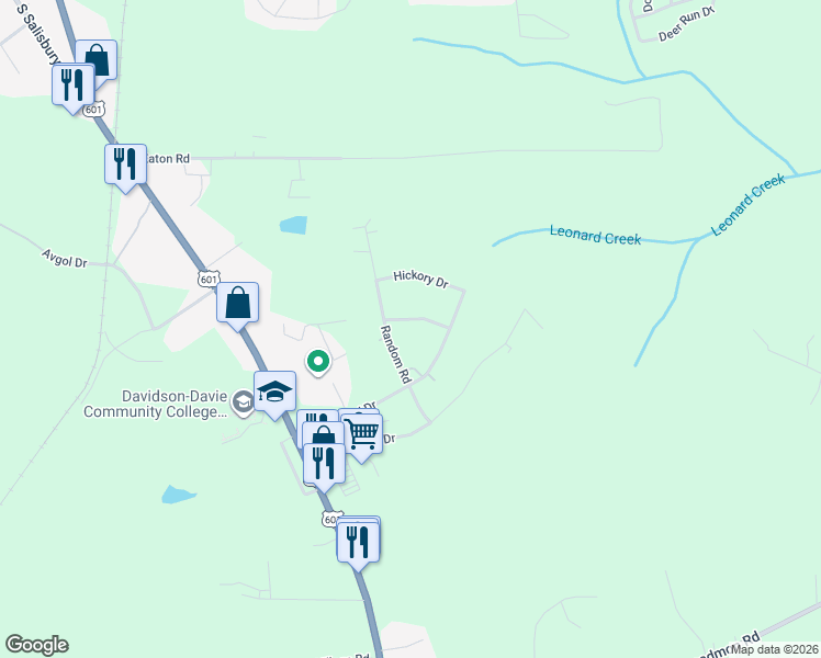 map of restaurants, bars, coffee shops, grocery stores, and more near 126 Woodhaven Lane in Mocksville