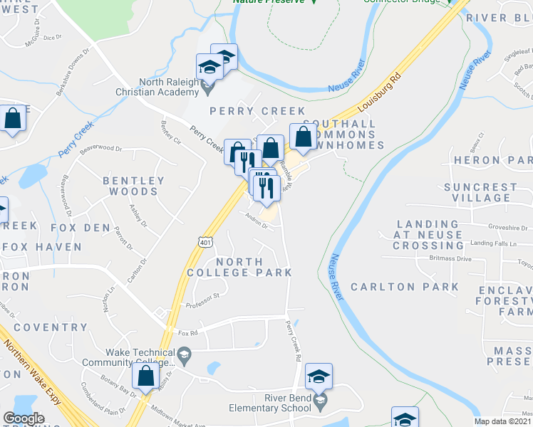 map of restaurants, bars, coffee shops, grocery stores, and more near 7440 Louisburg Road in Raleigh