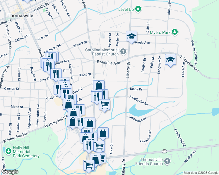 map of restaurants, bars, coffee shops, grocery stores, and more near 305 East Holly Hill Road in Thomasville