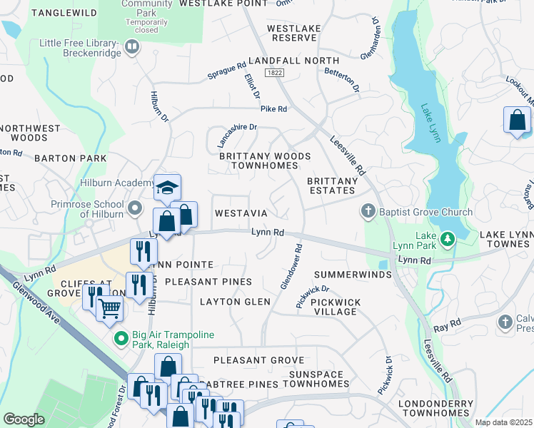 map of restaurants, bars, coffee shops, grocery stores, and more near 4615 Hershey Court in Raleigh