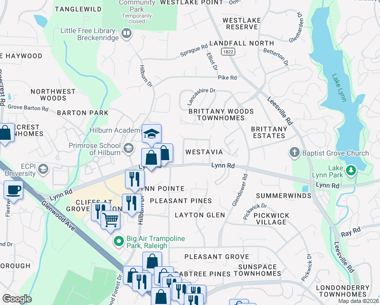 map of restaurants, bars, coffee shops, grocery stores, and more near 6906 Baywood Drive in Raleigh
