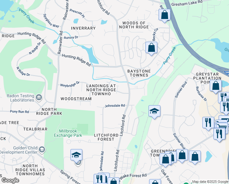 map of restaurants, bars, coffee shops, grocery stores, and more near 2408 Weybridge Drive in Raleigh