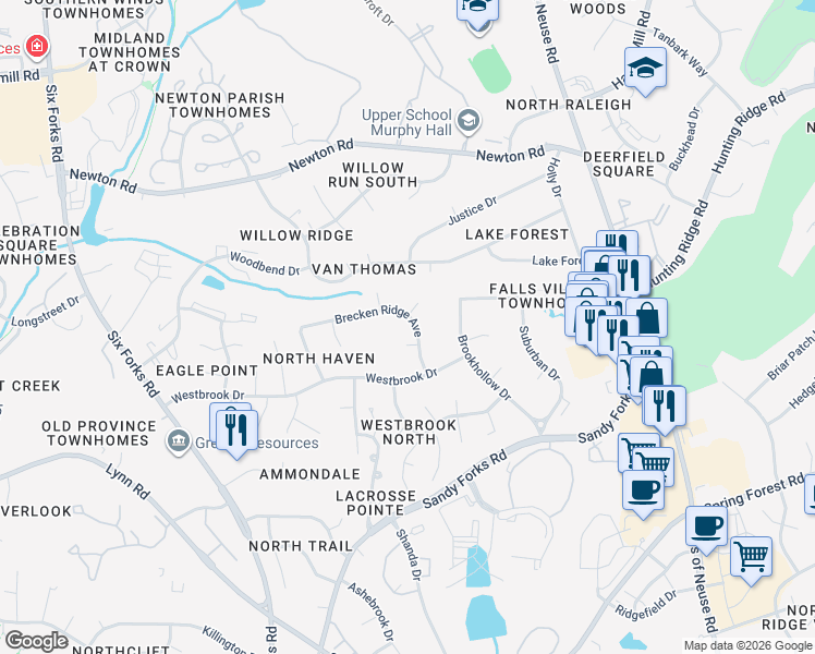 map of restaurants, bars, coffee shops, grocery stores, and more near 7105 Brecken Ridge Avenue in Raleigh