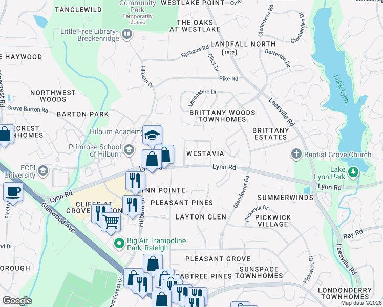 map of restaurants, bars, coffee shops, grocery stores, and more near 6906 Baywood Drive in Raleigh
