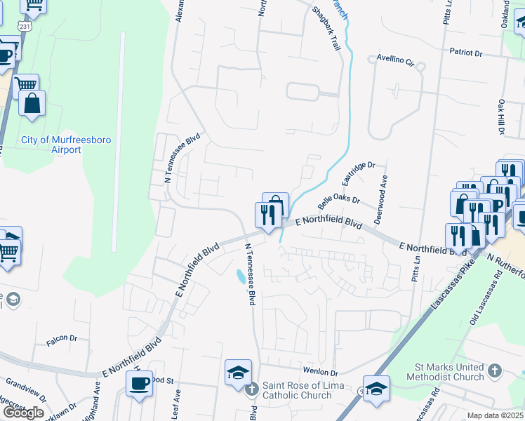 map of restaurants, bars, coffee shops, grocery stores, and more near 1225 East Northfield Boulevard in Murfreesboro