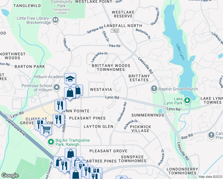map of restaurants, bars, coffee shops, grocery stores, and more near 4615 Hershey Court in Raleigh