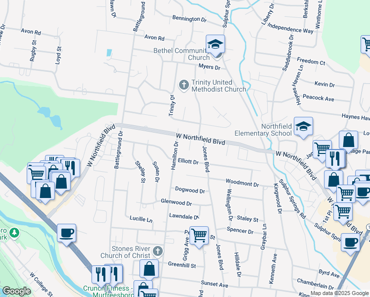 map of restaurants, bars, coffee shops, grocery stores, and more near 2007 Benson Place in Murfreesboro