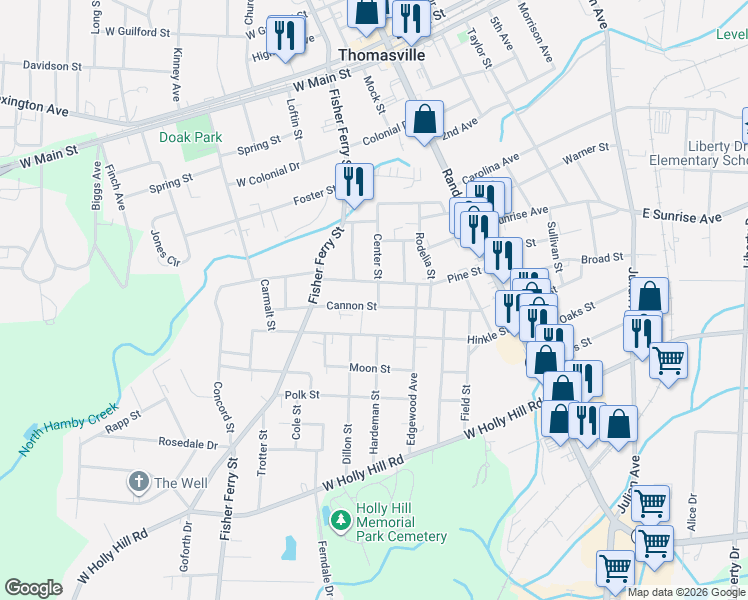 map of restaurants, bars, coffee shops, grocery stores, and more near 114 Cannon Street in Thomasville