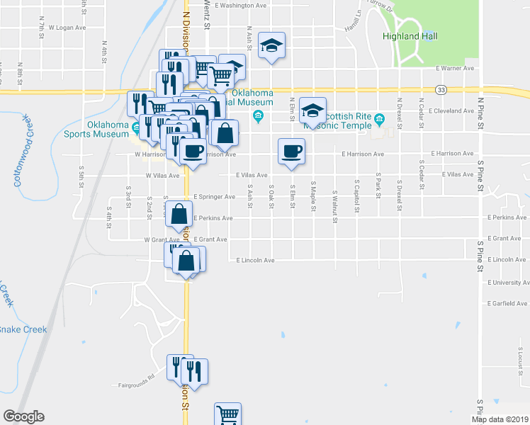 map of restaurants, bars, coffee shops, grocery stores, and more near 420 East Perkins Avenue in Guthrie