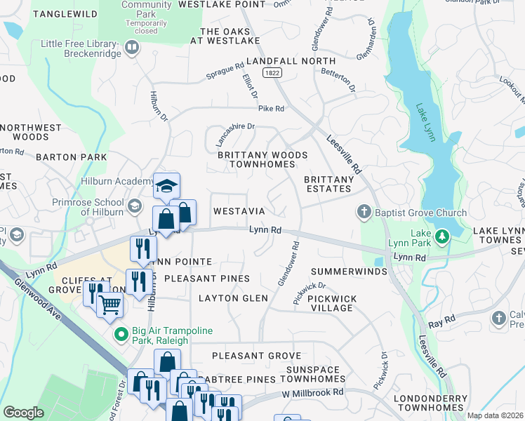 map of restaurants, bars, coffee shops, grocery stores, and more near 4606 Hamptonshire Drive in Raleigh